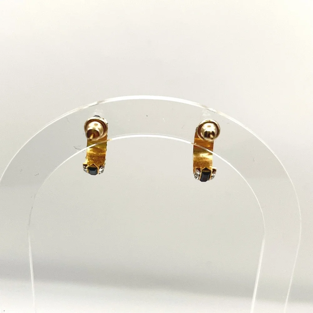 Gold Navy Blue Baguette Crystal Huggie Hoop Earrings Clear Rhinestone Post Back‎